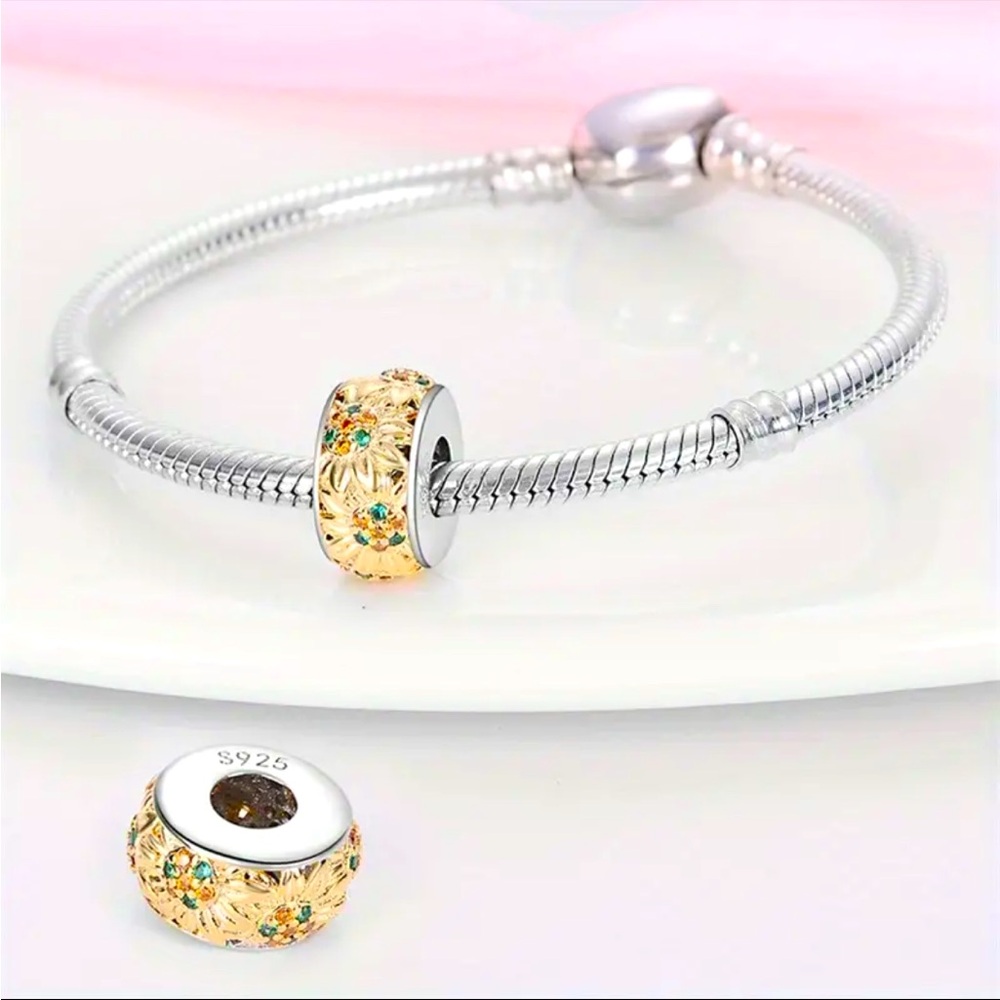 925 Sunflower Spacer Charm For Pandora & Other Bracelets-NEW